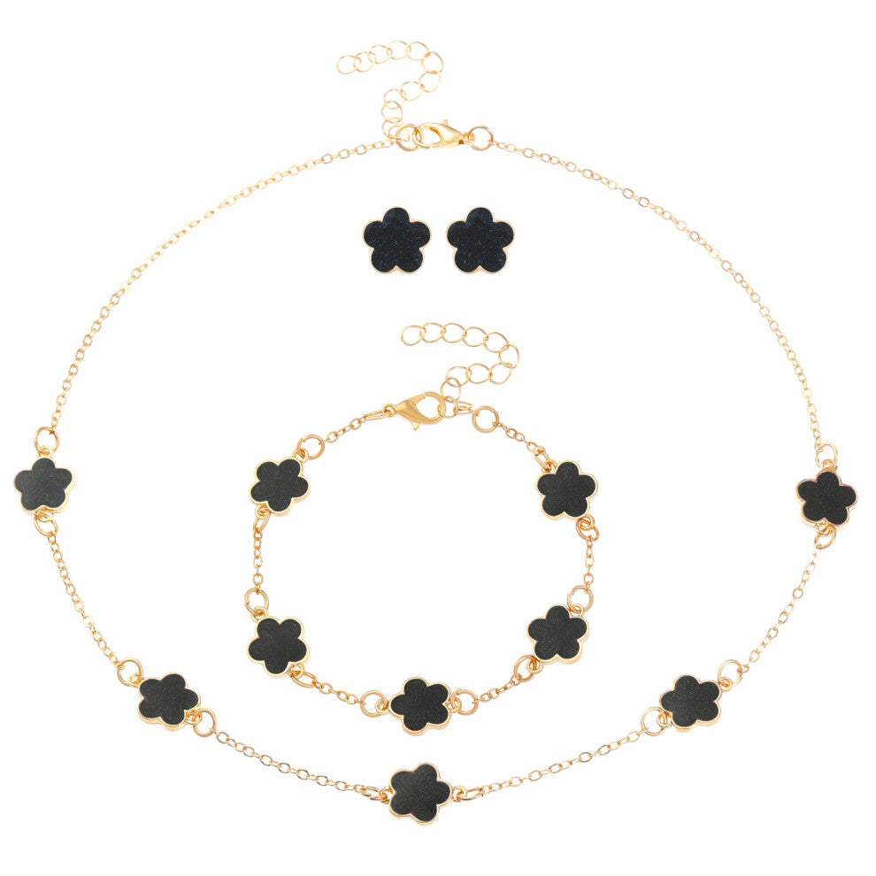 (08KC gold black) Five-leaf Clover jewelry set for women: Simple petal necklace, five-leaf flower bracelet, ring and stud 4-piece set
