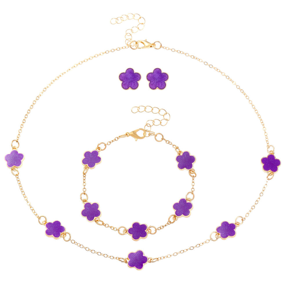 (09KC golden purple) Five-leaf Clover jewelry set for women: Simple petal necklace, five-leaf flower bracelet, ring and stud 4-piece set