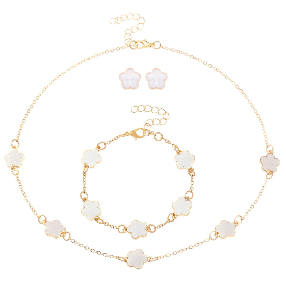 (10KC gold white) Five-leaf Clover jewelry set for women: Simple petal necklace, five-leaf flower bracelet, ring and stud 4-piece set