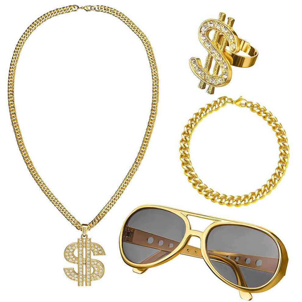 4 Piece Dollar Chain Set for Men, Vintage Gold Hip Hop Jewellery, 80s Gangster Necklace, Ring, and Bracelet Set