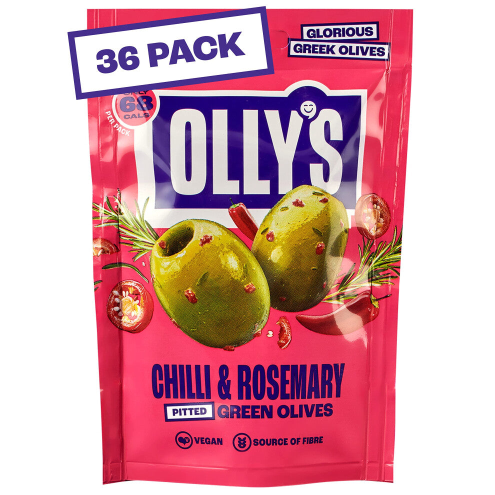 Olly's Olives, Chilli & Rosemary, 50g (Pack of 36), 100% Natural Ingredients, Handy Snack Pouches, Healthy Vegan Snacks, Low Calorie, Source of Fibre,