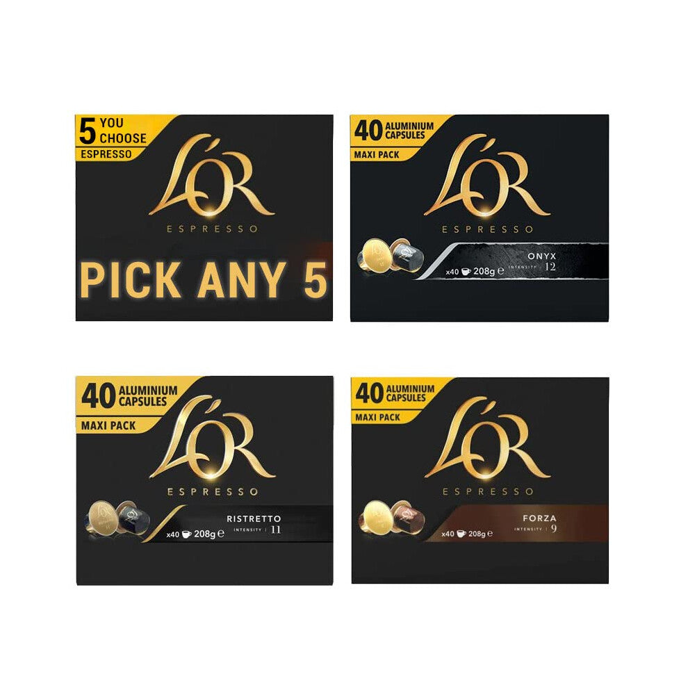 L'OR Espresso Coffee Pods PICK ANY 5 from 4 different blends inc. Forza, Ristretto, Delizioso and Onyx Aluminium Capsules - Each pack 40 pods, Total