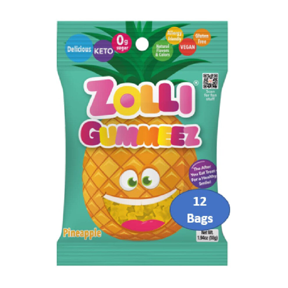 Zollipops Gummies Pineapple - Delicious Zero Sugar, Allergy-Free, KETO, Vegan Clean Teeth Candy - 12 Packs of 1.94oz for Tasty and Dental-Friendly