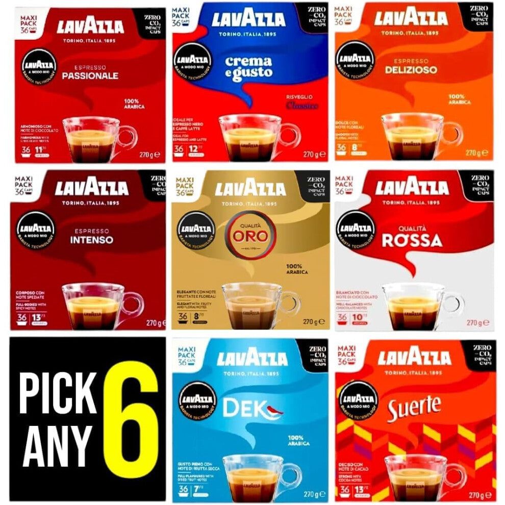 Lavazza A Modo Mio Coffee Pods PICK ANY 6 from 5+ Flavours Inc. Crema e Gusto Classico, Delizioso, Intenso, Passionale and Rossa. (Total 6 Pack, 216