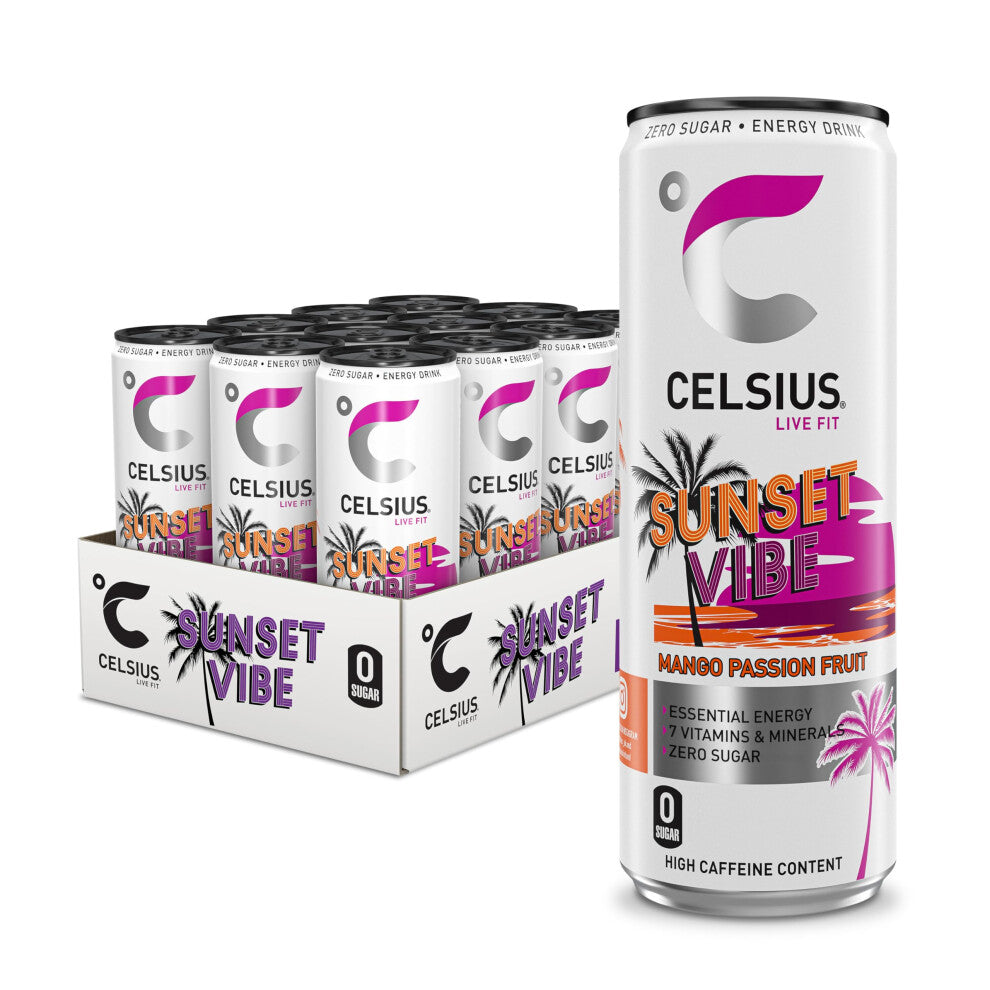 CELSIUS Sunset Vibe, Sparkling Energy Drink, 7 Vitamins, Caffeine, No Artificial Colours, Sugar Free Energy Drinks, Mango Passionfruit, 355 mL, 12-Pck