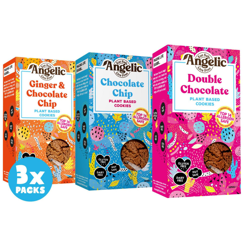 Angelic Free From 3 Mixed Box Vegan & Gluten Free Cookies. 3 Boxes Of Dairy, Nuts, Soya, Egg, Peanut Free Biscuits. Allergy Safe Snacks. (1x Chocolate