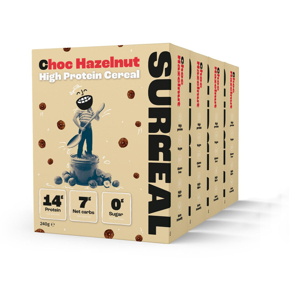 Surreal Choc Hazelnut - High Protein Cereal - Zero Sugar- Healthy Plant Based Cereal - High in Fibre - Low Carb - Gluten Free - Vegan - 14g of