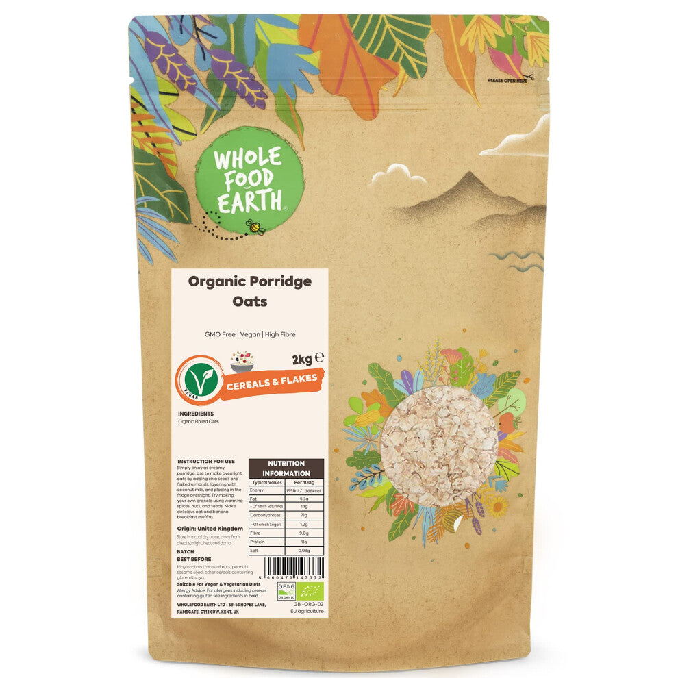 Wholefood Earth Organic Porridge Oats ? 2 kg | GMO Free | Vegan | High Fibre | Certified Organic