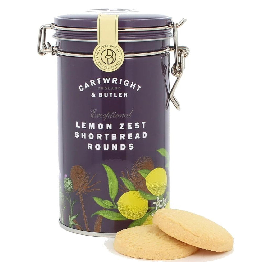 Cartwright & Butler Lemon Zest Shortbread Rounds Tin, Clip-Lid Tin, Soft and Crumbly All Butter Shortbreads