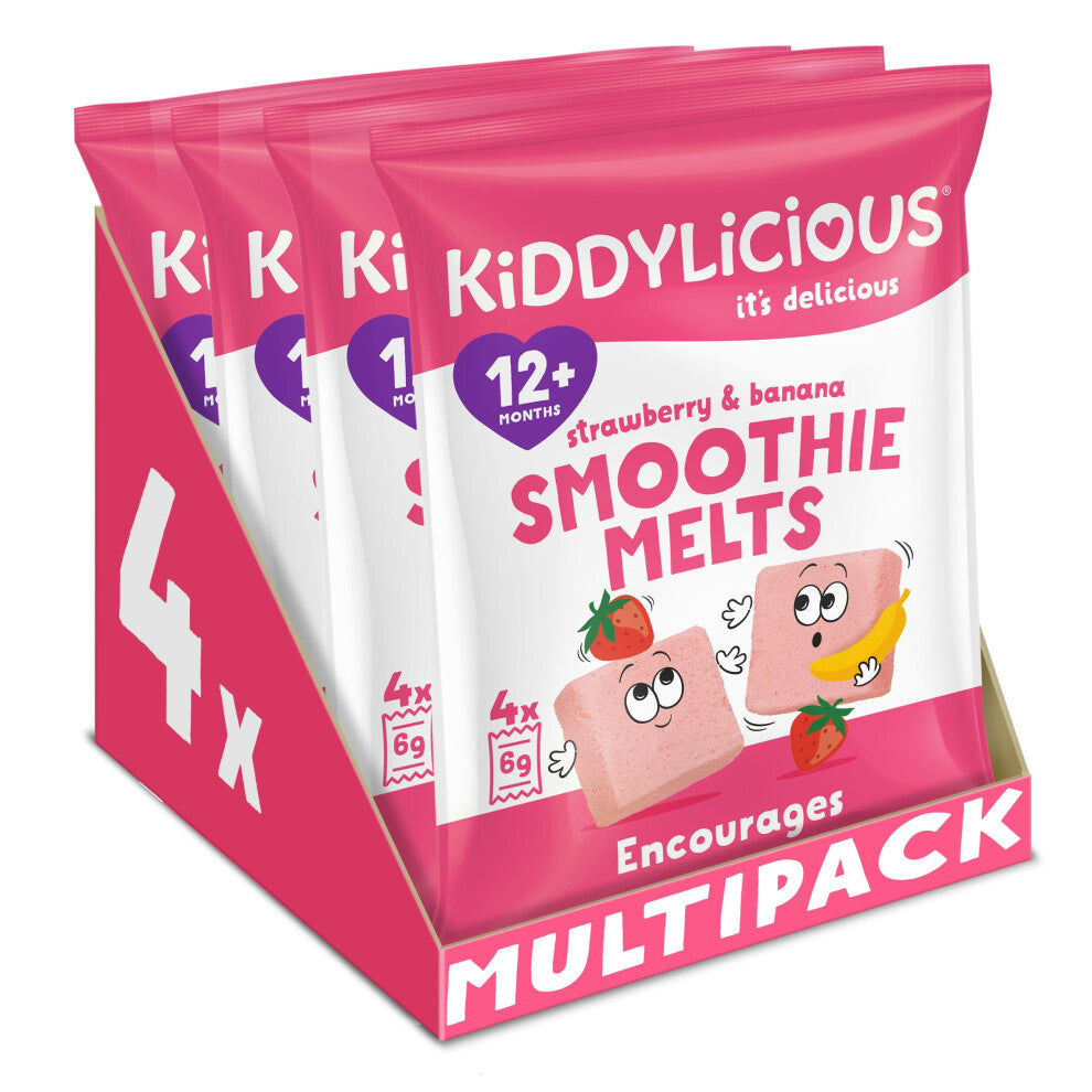 Kiddylicious Strawberry & Banana Smoothie Melts - Delicious Snacks for Kids - Suitable for 12+ Months - 4 Packs of 4 (16 Total)