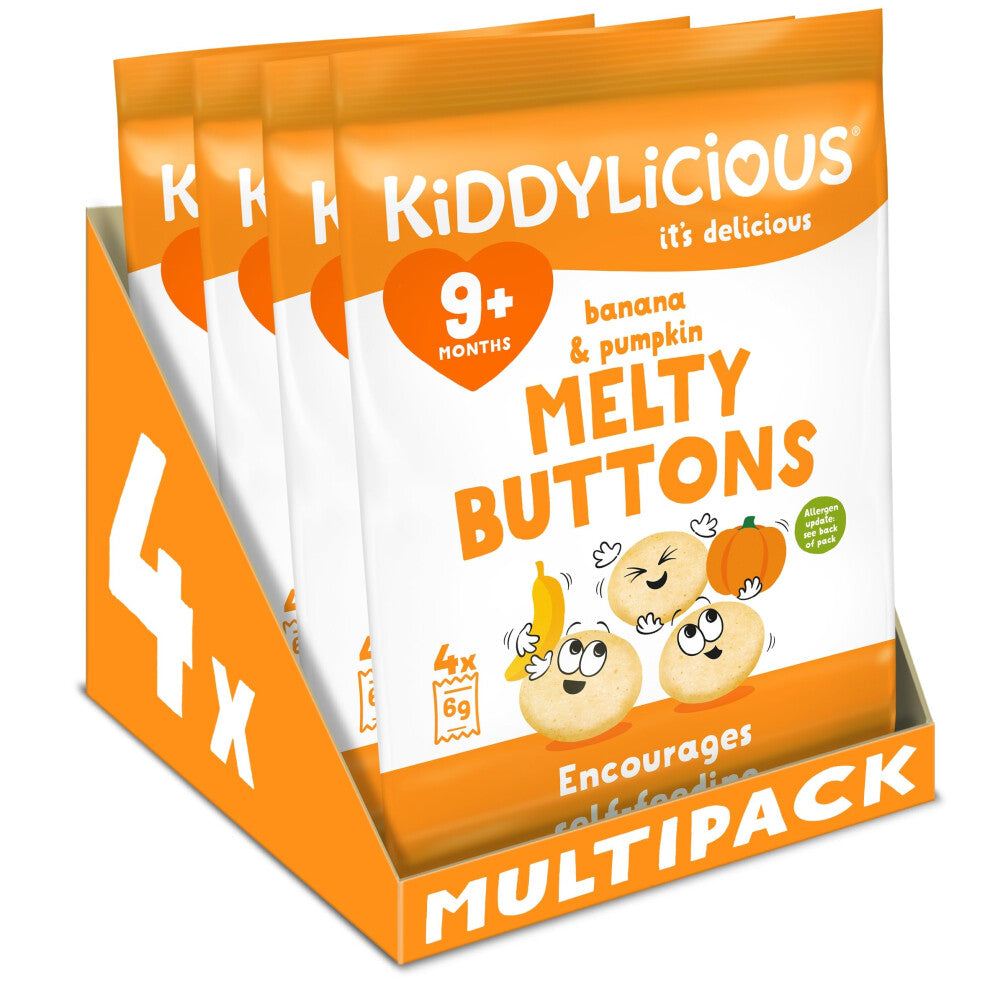 Kiddylicious, Melty Buttons Delicious Snacks for Kids Suitable for 9+ Months 4 x Packs 20 Total, banana & pumpkin, 6 gram, (Pack of 5)