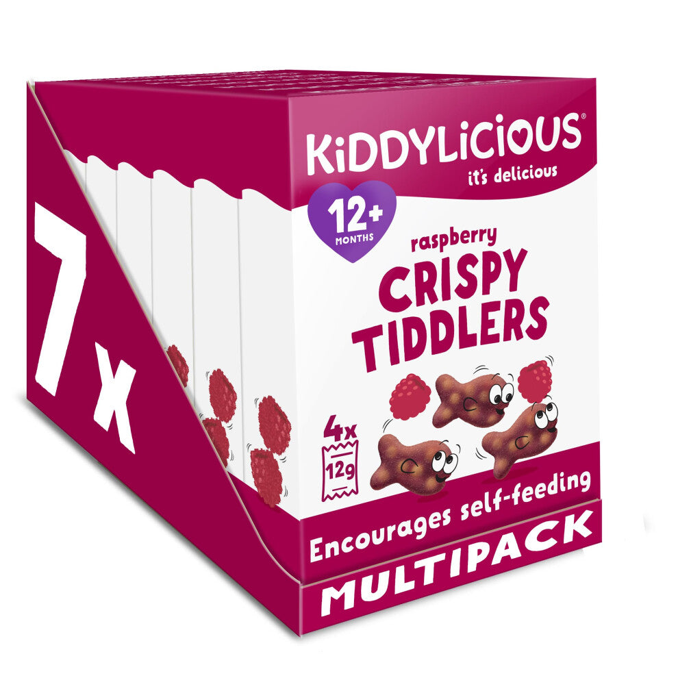 Kiddylicious Raspberry Crispy Tiddlers - Delicious Real Fruit Treat for Kids - Suitable for 12+ Months - 7 Packs of 4 (28 Total)