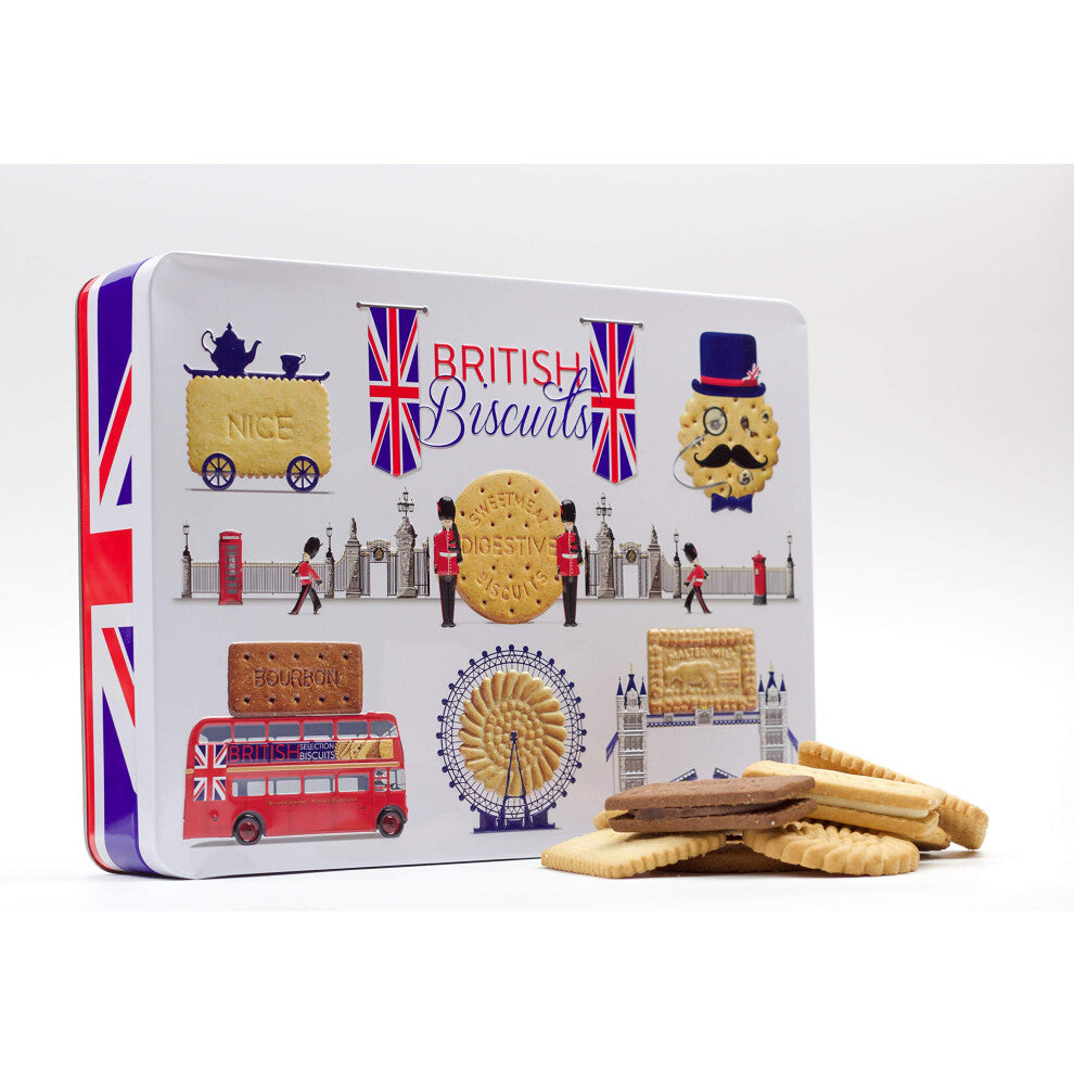 British Biscuits Gift Set - Novelty Large Treat Tin, Luxury Assorted Biscuit Selection Box, London Keepsake Souvenirs Tins - Fathers Day Hamper Ideas,