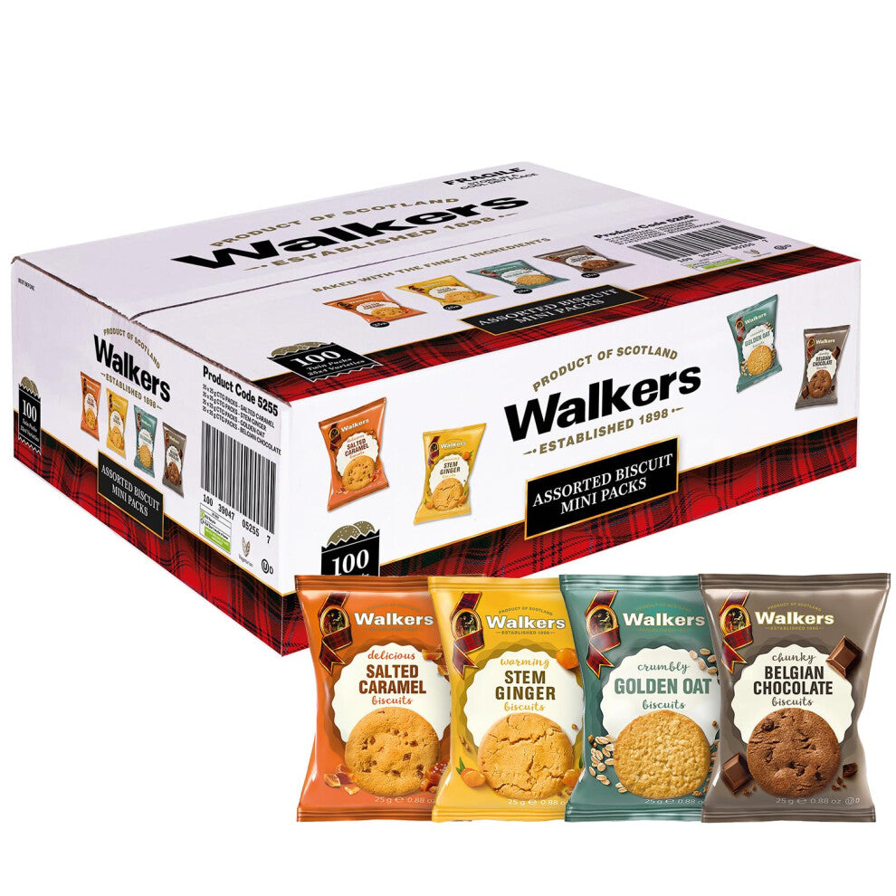 Walkers Shortbread Catering Assorted Biscuit Twin Packs, Golden Oat, Belgian Chocolate, Salted Caramel & Stem Ginger Biscuits (100 x 25g)