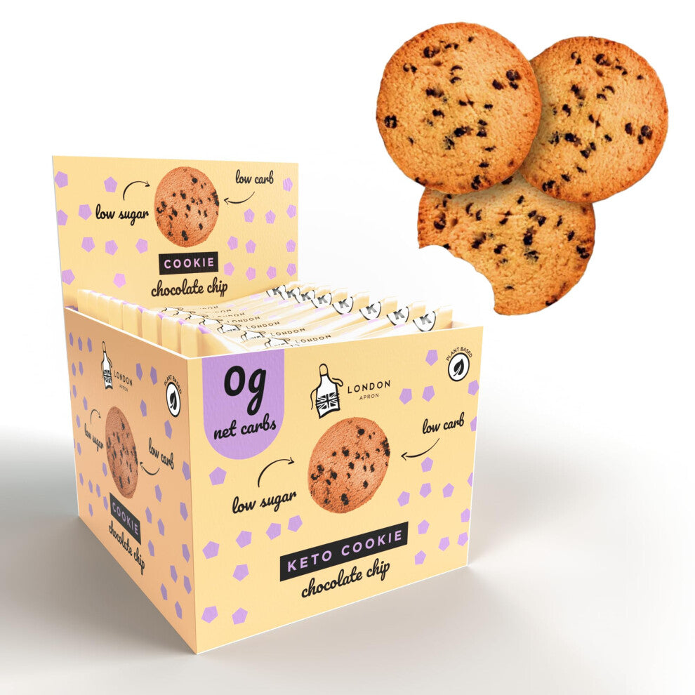 12 Chocolate Chip London Apron Keto Cookies I 12x35g I 0g Net Carbs I High Protein I Low carb I Low Sugar I High Fibre Keto Snack I Dairy Free I Vegan