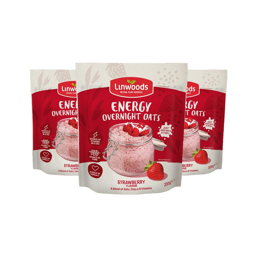Linwoods Strawberry Energy Overnight Oats | 3x 300g Porridge Oats | Healthy Breakfast Food | Vegan Friendly & Gluten Free