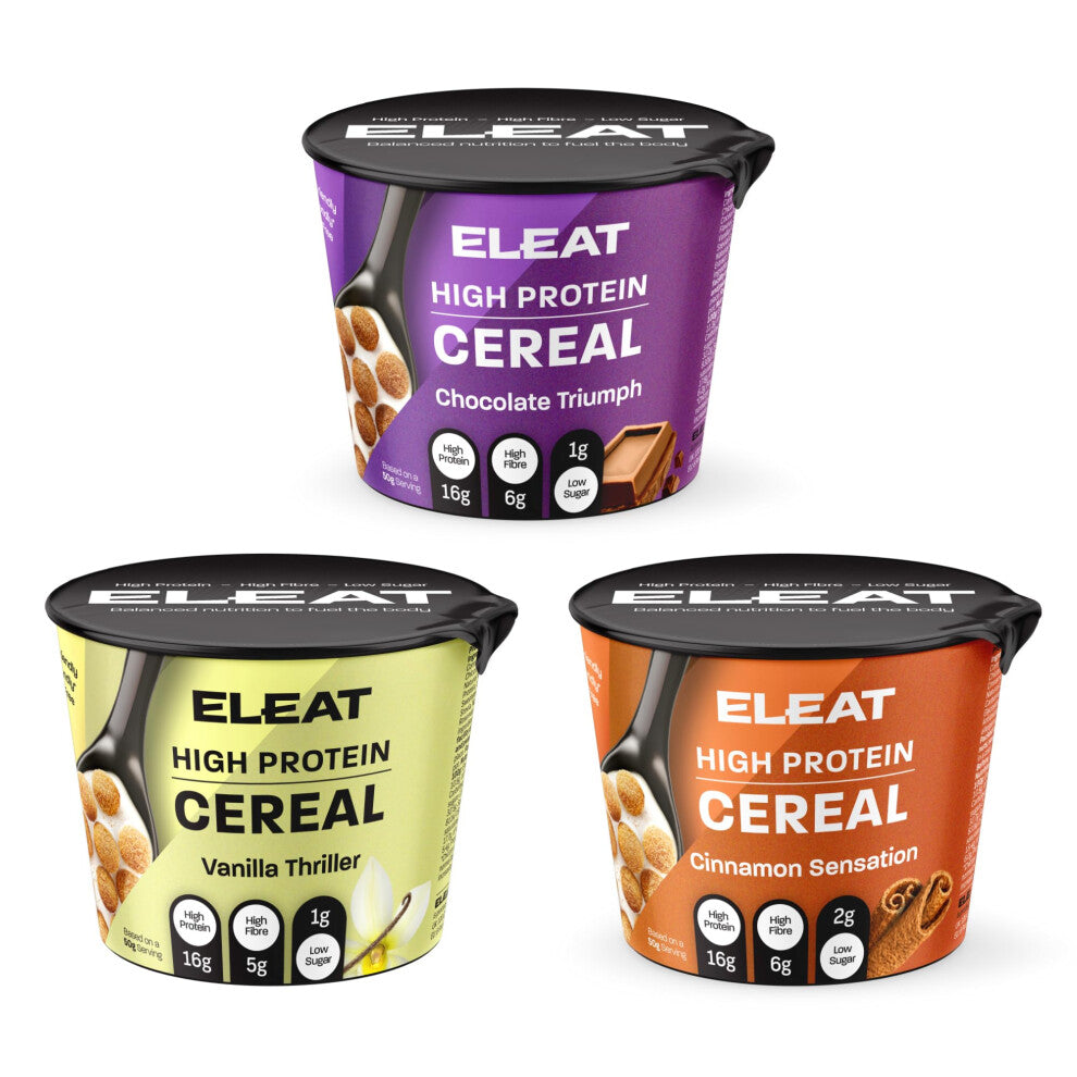 ELEAT | High Protein Breakfast Cereal Pots | Variety Pack of 24 | Healthy High Fibre Cereal | Chocolate, Caramel & Cinnamon Flavours | Great for Pre &