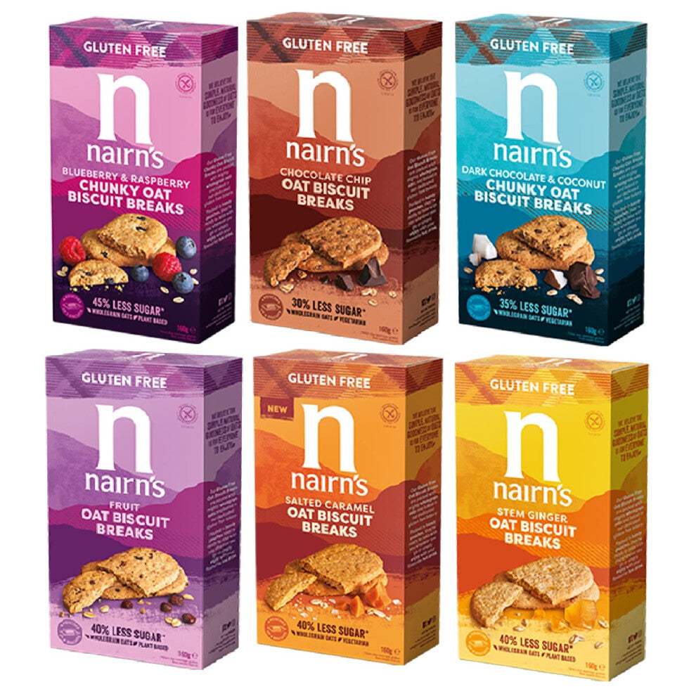 Nairn's Gluten Free Sweet Variety Pack - Choc Chip-Stem Ginger-Fruit-Salted Caramel-Dark Chocolate Coconut-Blueberry & Raspberry Chunky Biscuit Breaks