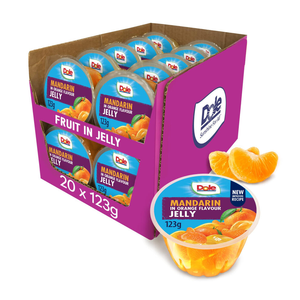 Dole Mandarin in Orange Jelly Fruit Pots 20 x 123g, Healthy Snack Made with Fresh Fruit, No Added Sugar Fruit Bowls, Perfect for Breakfast & Dessert