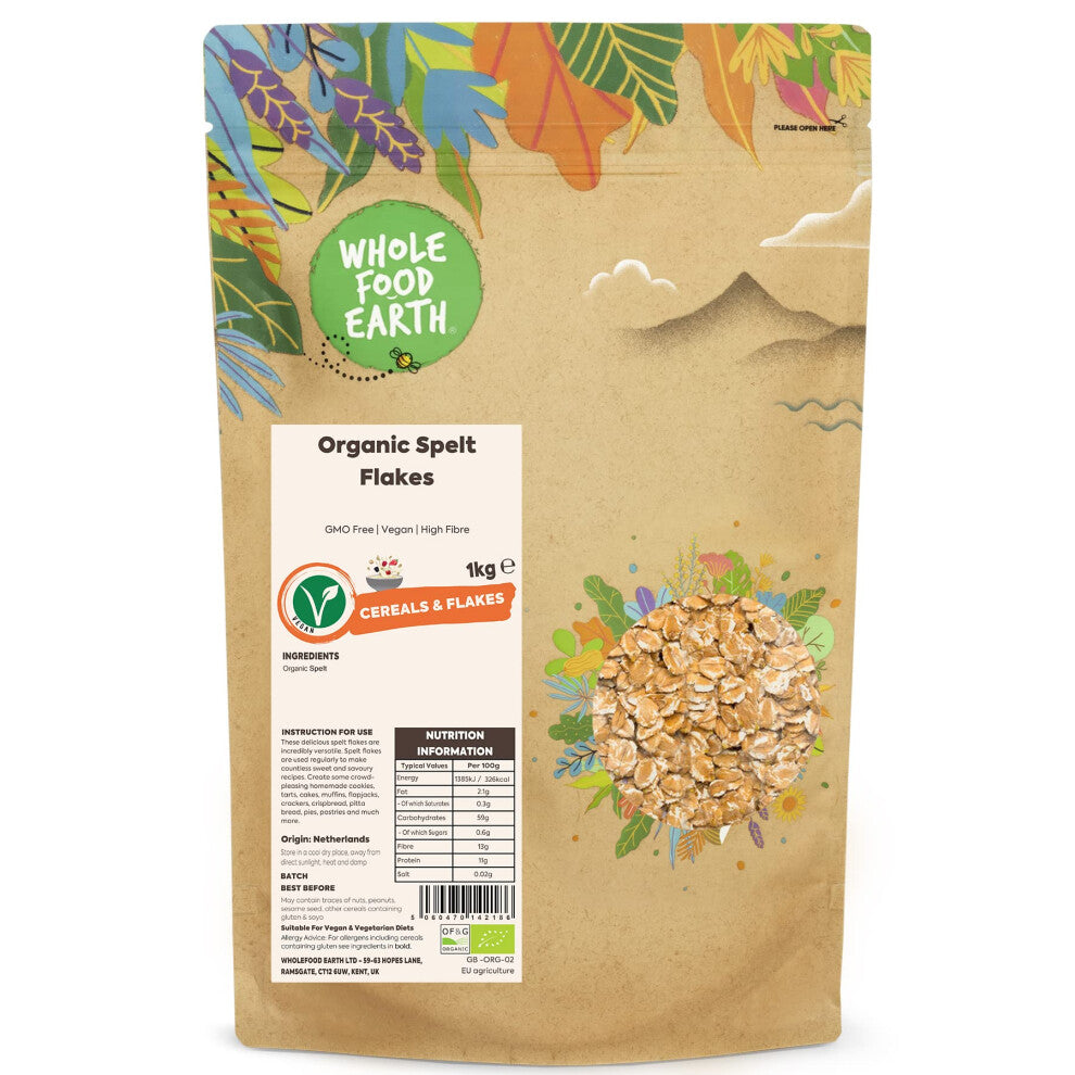 Wholefood Earth Organic Spelt Flakes ? 1kg | Vegan | GMO Free | High Fibre | Certified Organic