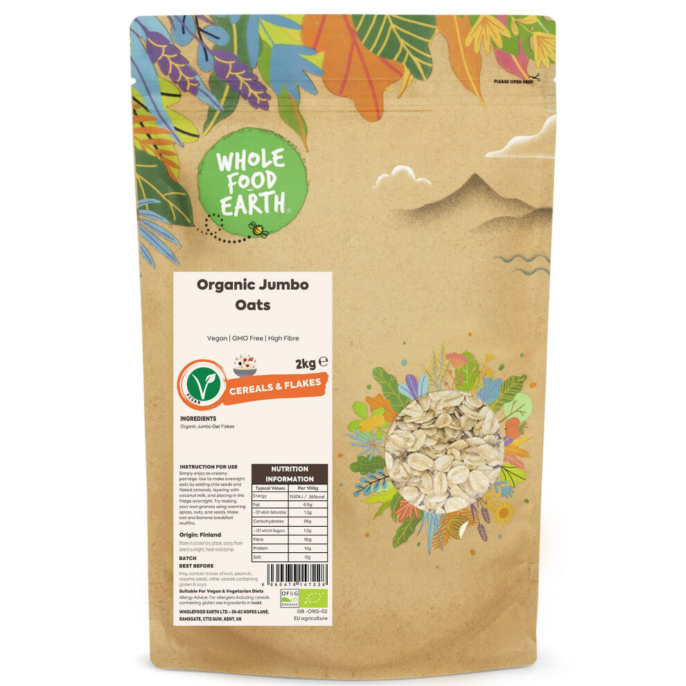 Wholefood Earth Organic Jumbo Oats ? 2 kg | Vegan | GMO Free | High Fibre | Certified Organic