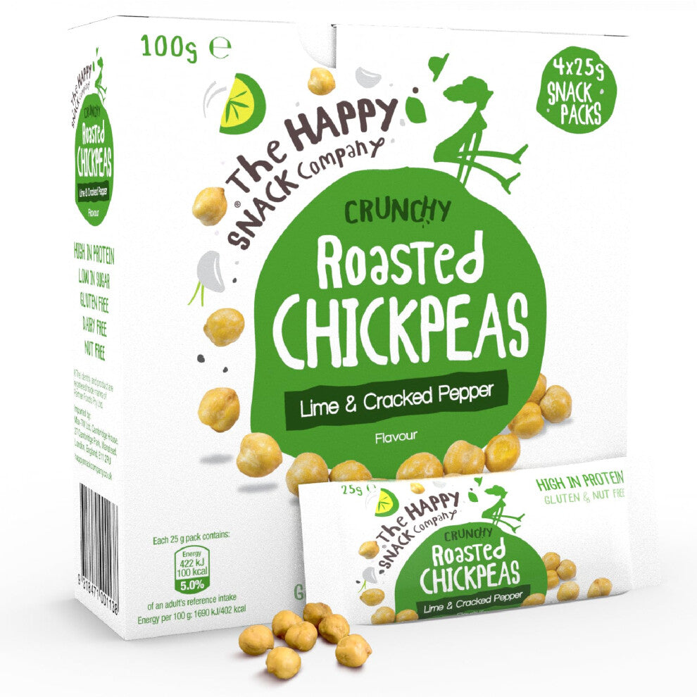 The Happy Snack Company Roasted Chickpeas, Lime & Cracked Pepper Flavour Healthy Snacks, Plant Protein, Gluten Free Tasty Snacks, Vegan, 110 Calories,