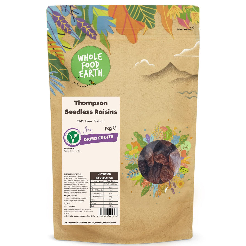 Wholefood Earth Thompson Seedless Raisins 1 kg | GMO Free