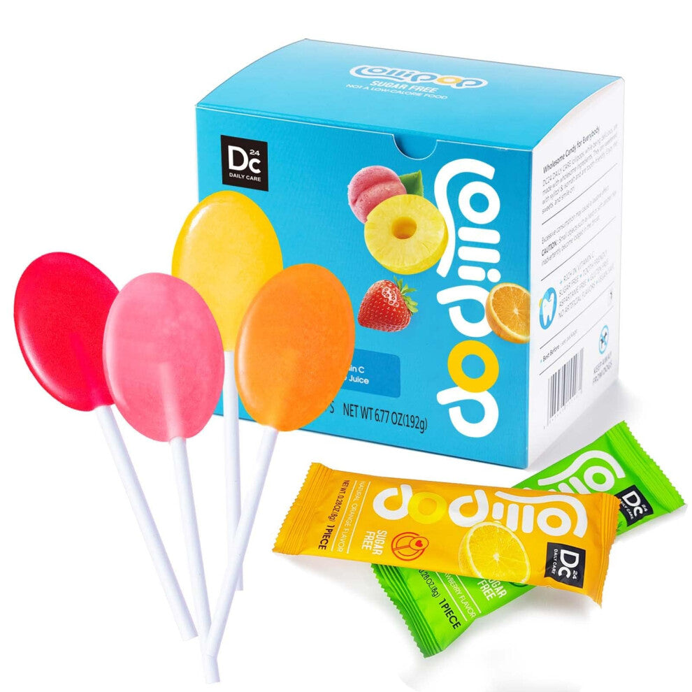 DC24 DAILY CARE Sugar Free Lollipops with Vitamin C, Healthy Suckers with Xylitol, Assorted Fruit Flavored Hard Candy for Kids, Non-GMO, Gluten Free,