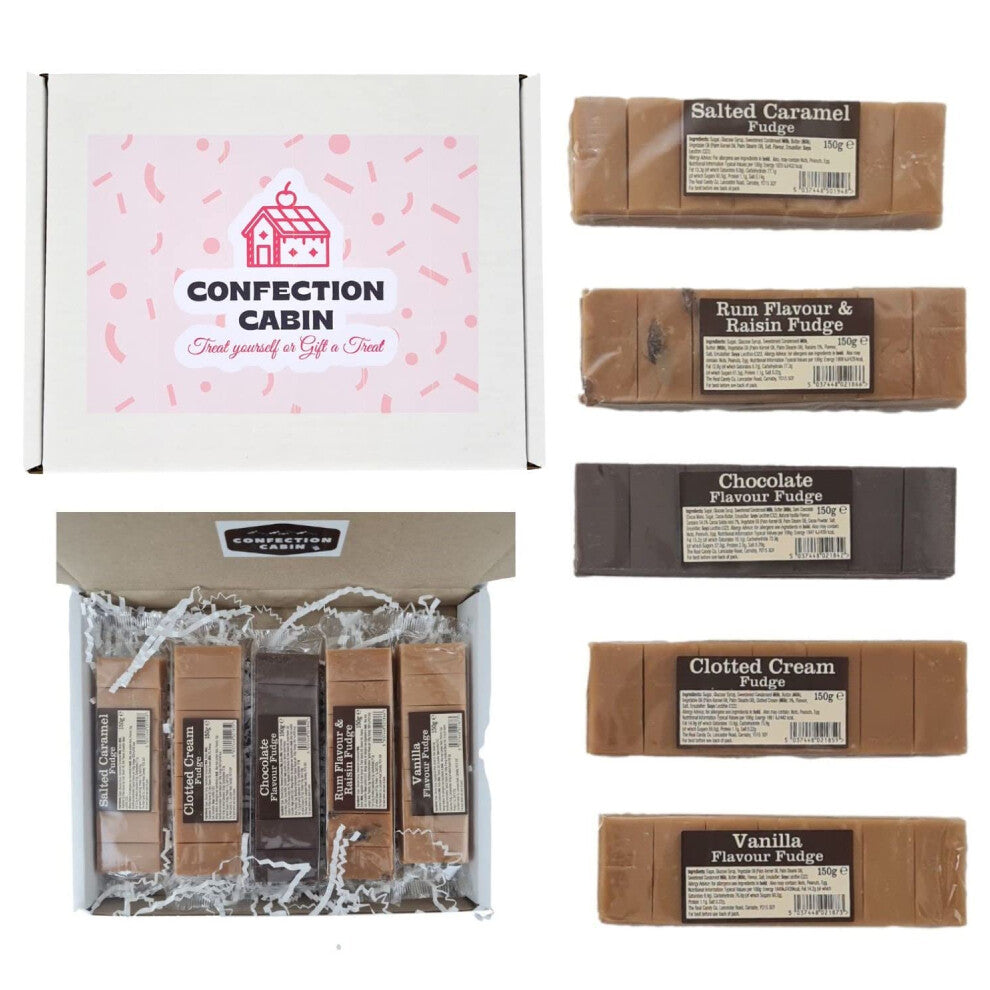 Fudge Gift Set in 5 Flavours (5 Bars x 130g) - Salted Caramel, Rum and Raisin, Chocolate, Vanilla, and Clotted Cream Bars | Selection Box, Stocking