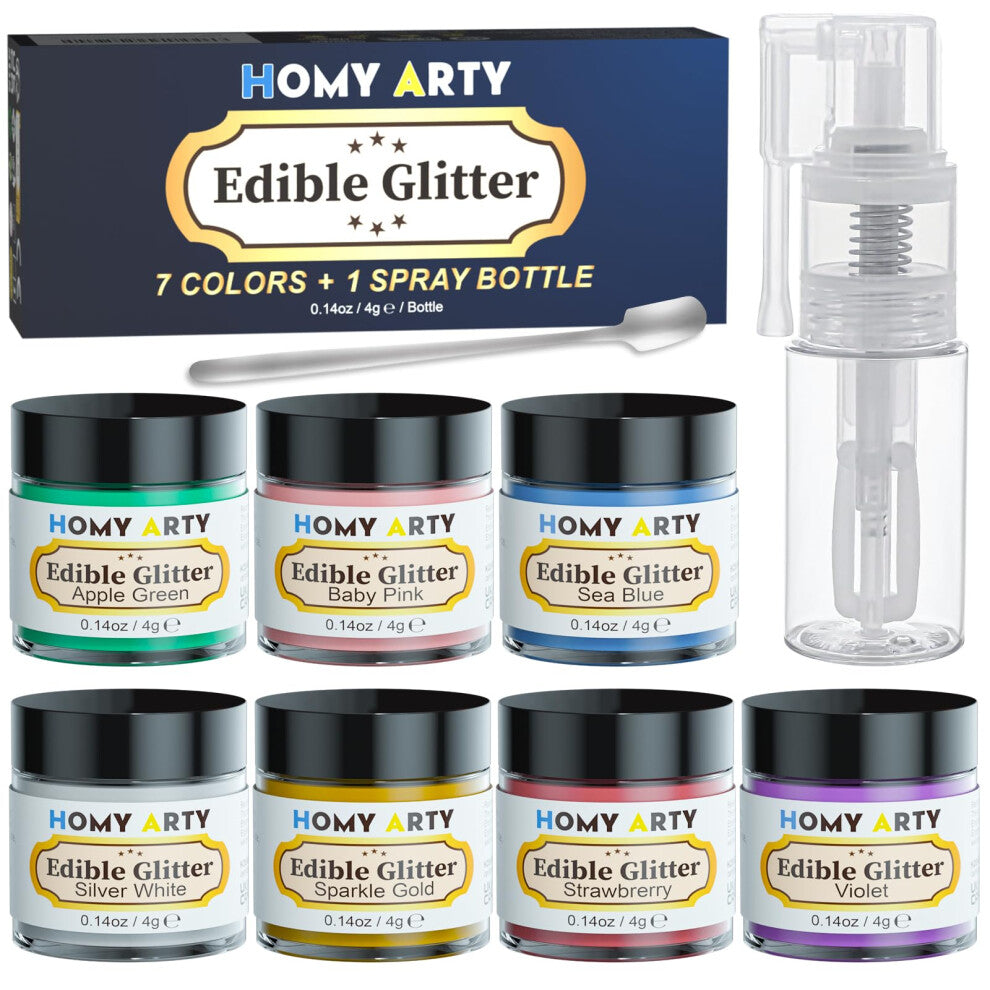 HOMY ARTY Edible Glitter Spray for Cakes - 7 Colours x 4g, Luster Dust Edible Glitter for Drinks, Cocktails, Vegan Drink Glitter, Edible Dusting