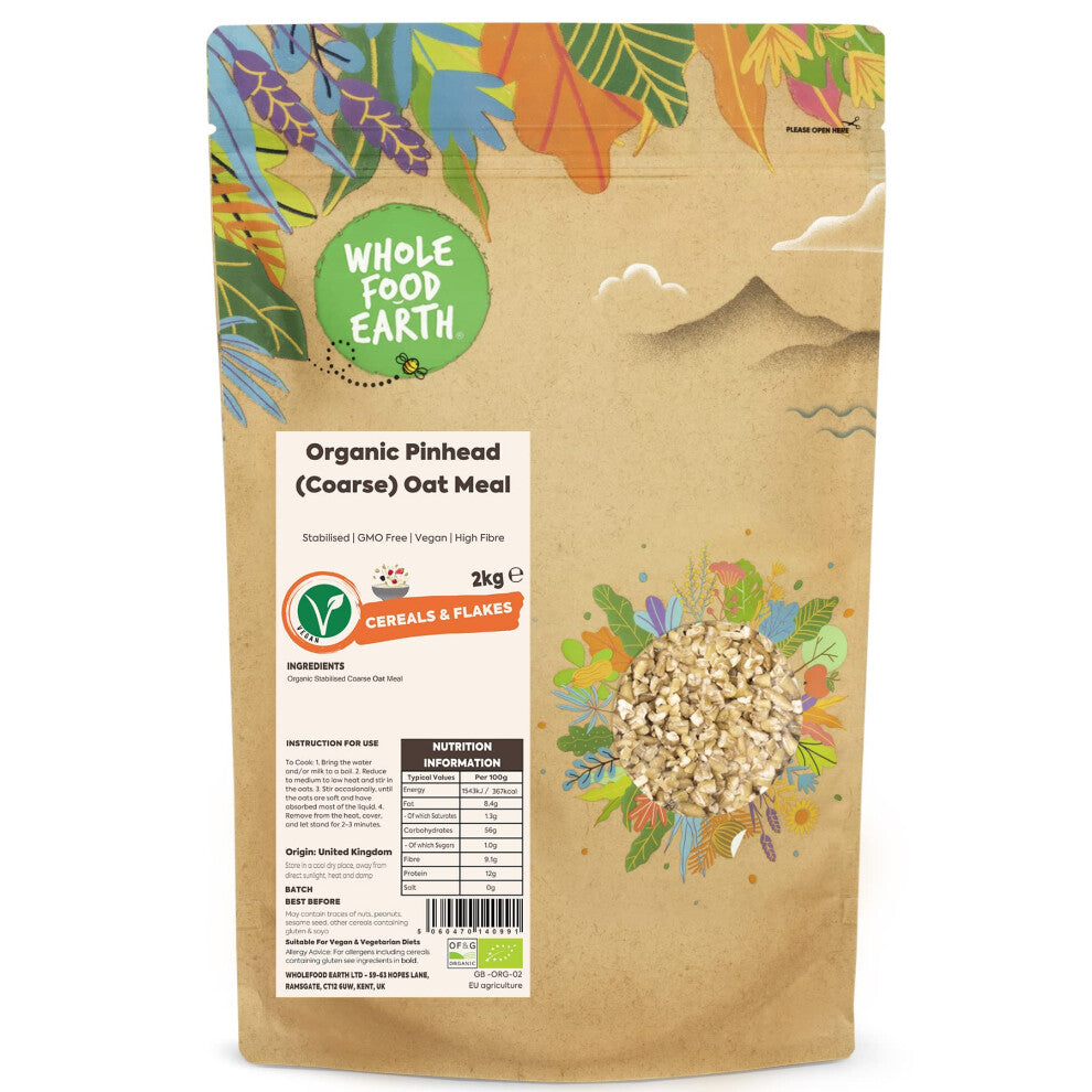 Wholefood Earth Organic Pinhead (Coarse) Oat Meal ? 2 kg | Stabilised | GMO Free | Vegan | High Fibre | Certified Organic