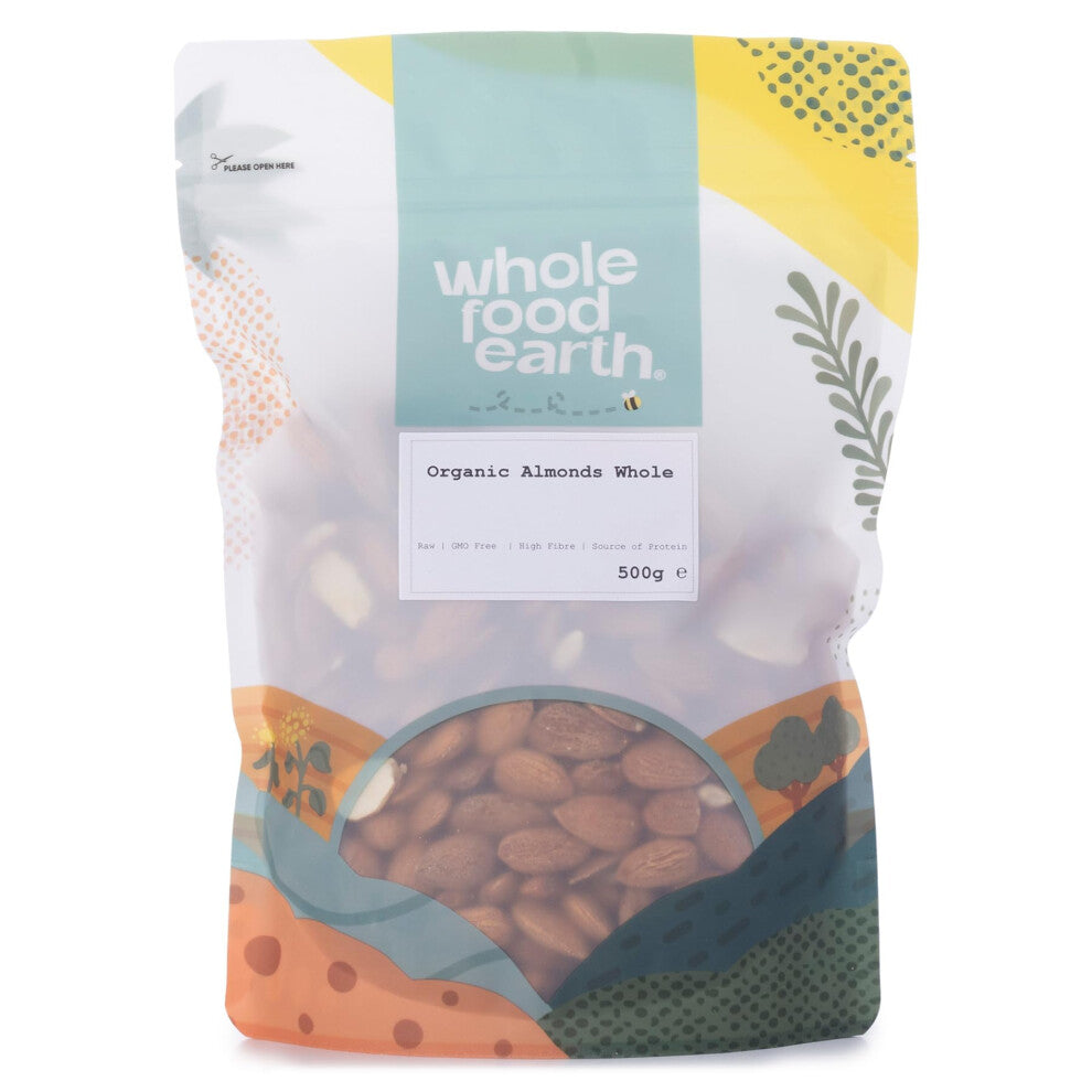 Wholefood Earth Organic Almonds Whole ? 500g | Raw | GMO Free | Vegan | High Fibre | Source of Protein | Certified Organic