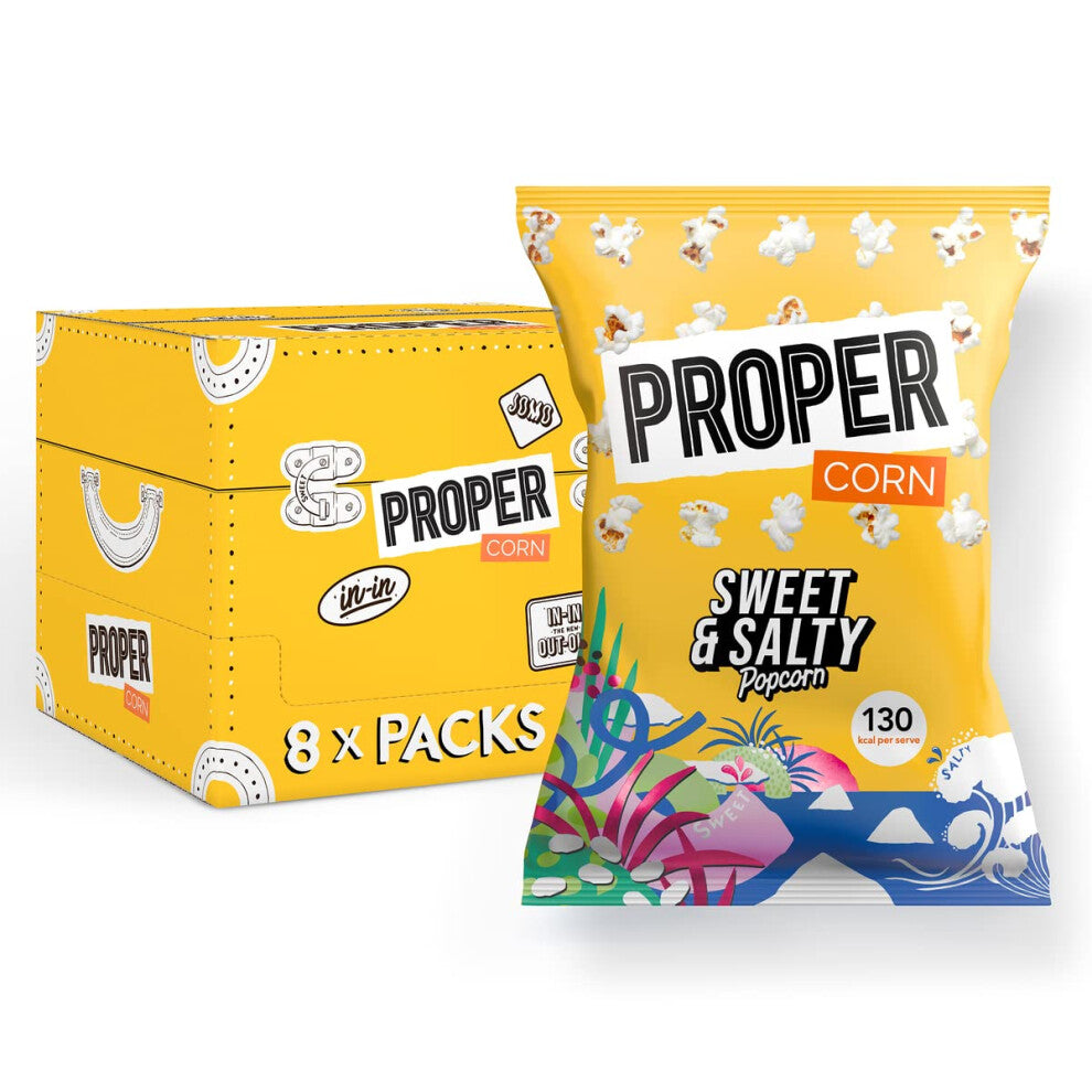 PROPER Sweet & Salty Popcorn, 90g x 8, Sharing Bags, Natural Sea Salt and Demerara Sugar Seasoning, Vegetarian & Gluten-Free, 135 kcal per portion