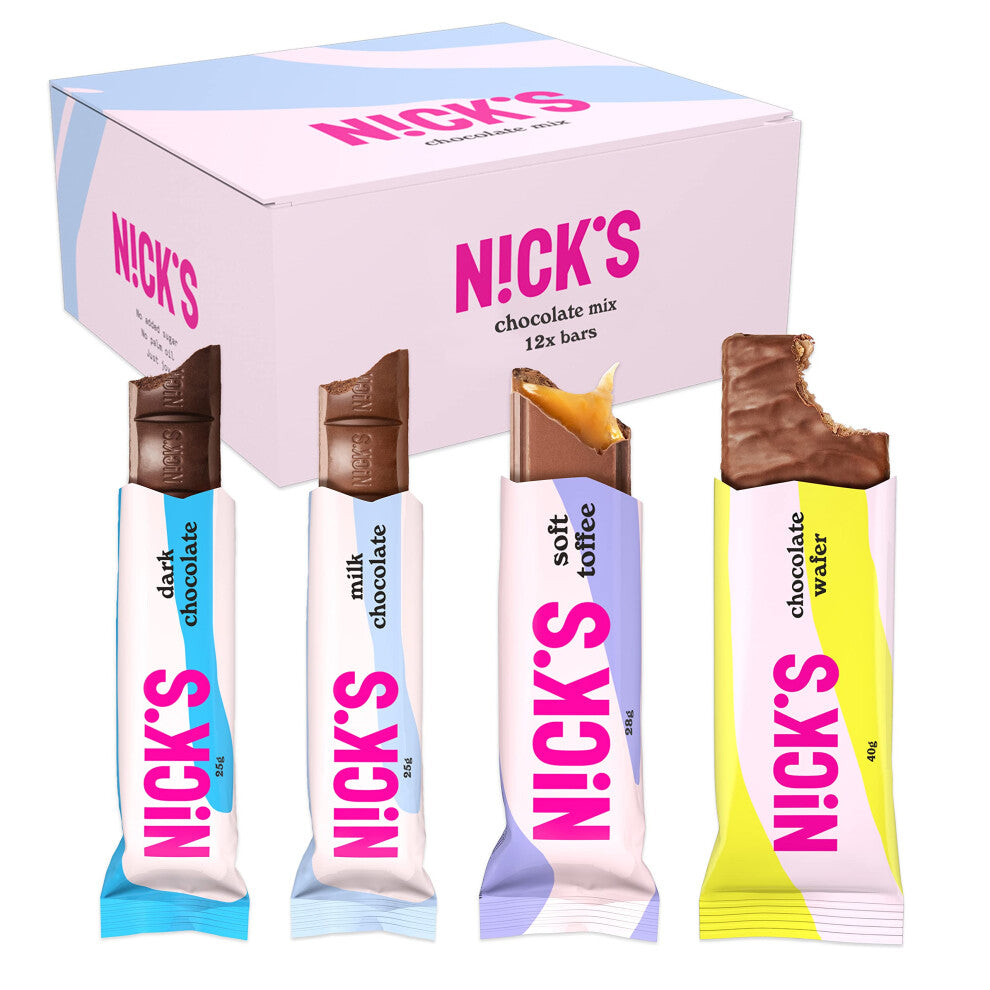 NICKS Chocolate Mix Box, Keto Snack Bars No Added Sugar Gluten Free Candy Low carb Sweets (12 x Chocolates)