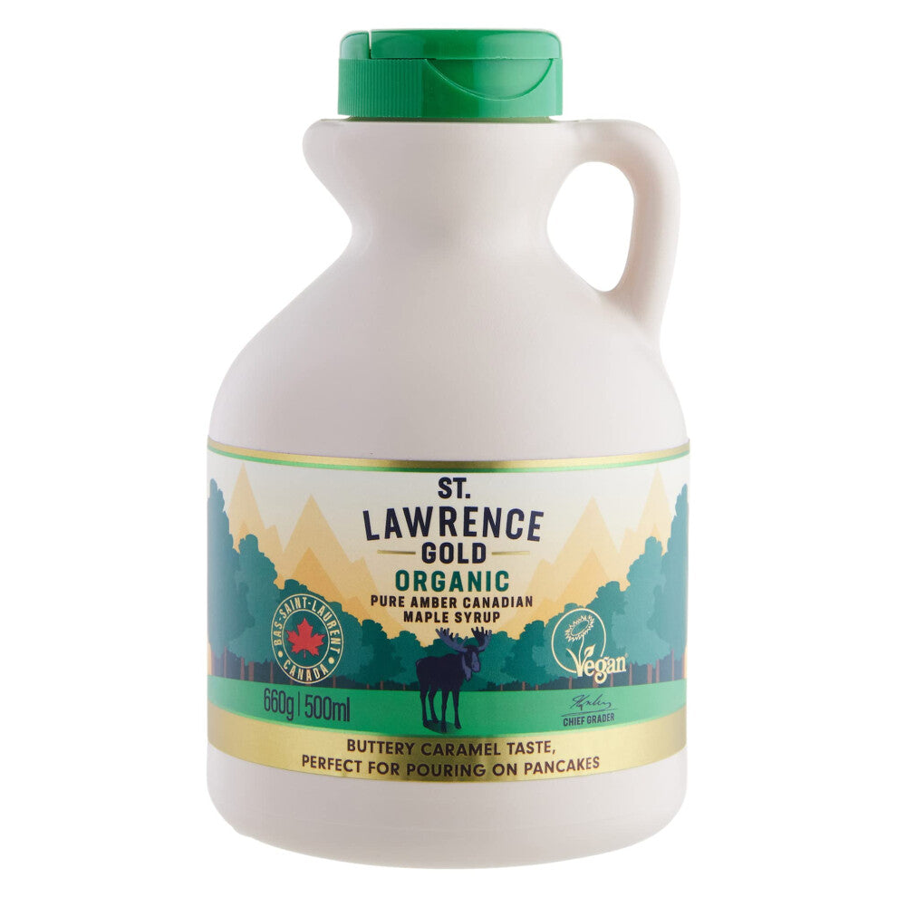 St Lawrence Gold Organic Maple Syrup 500ml - Canadian Amber Maple Syrup 660g - Sugar Syrup Alternative for Cocktails and Coffees - Ideal for Pancakes,