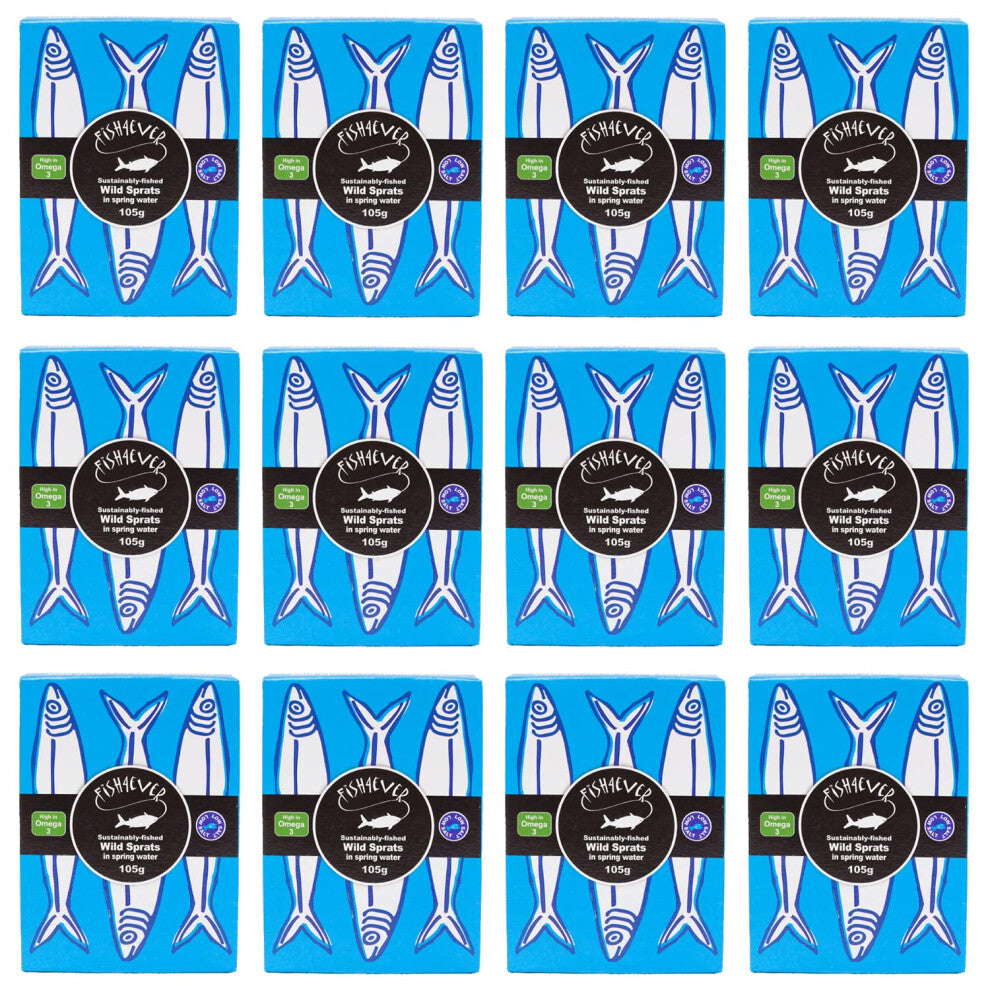 Fish 4 Ever - 12x 105g Sprats Tin In Spring Water - Sustainably Fished. Tin Canned Food Rich In Omega-3, Great With Fresh Bread, Pasta and Salads