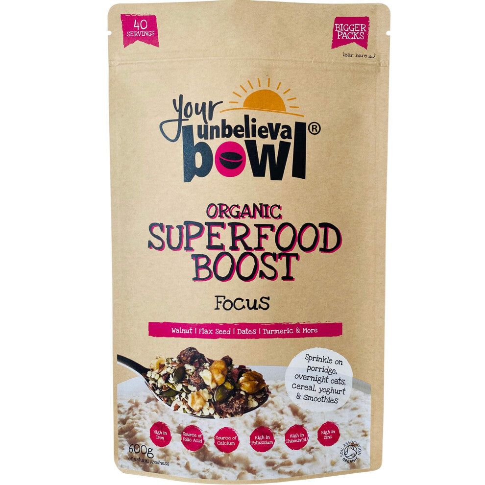 Your UnbelievaBowl - Organic Superfood Boost (FOCUS) 600g, 40 Servings, 45p Per Serving, Gluten Free, Chia Seeds, Hemp Seeds, Dates, Walnuts, Pumpkin