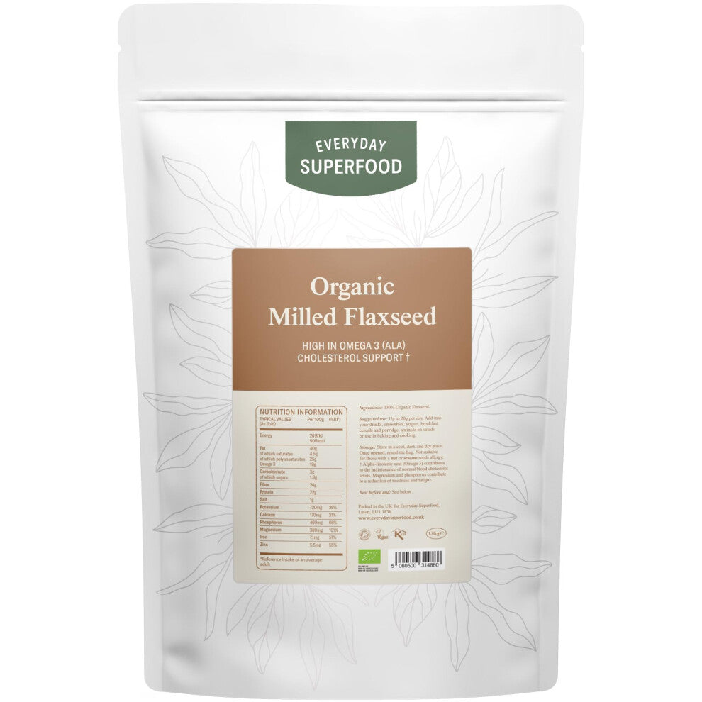 Everyday Superfood Organic Milled Flaxseed 1.8kg, Cold Ground Linseed Premium-Quality Seeds of Flax Plant