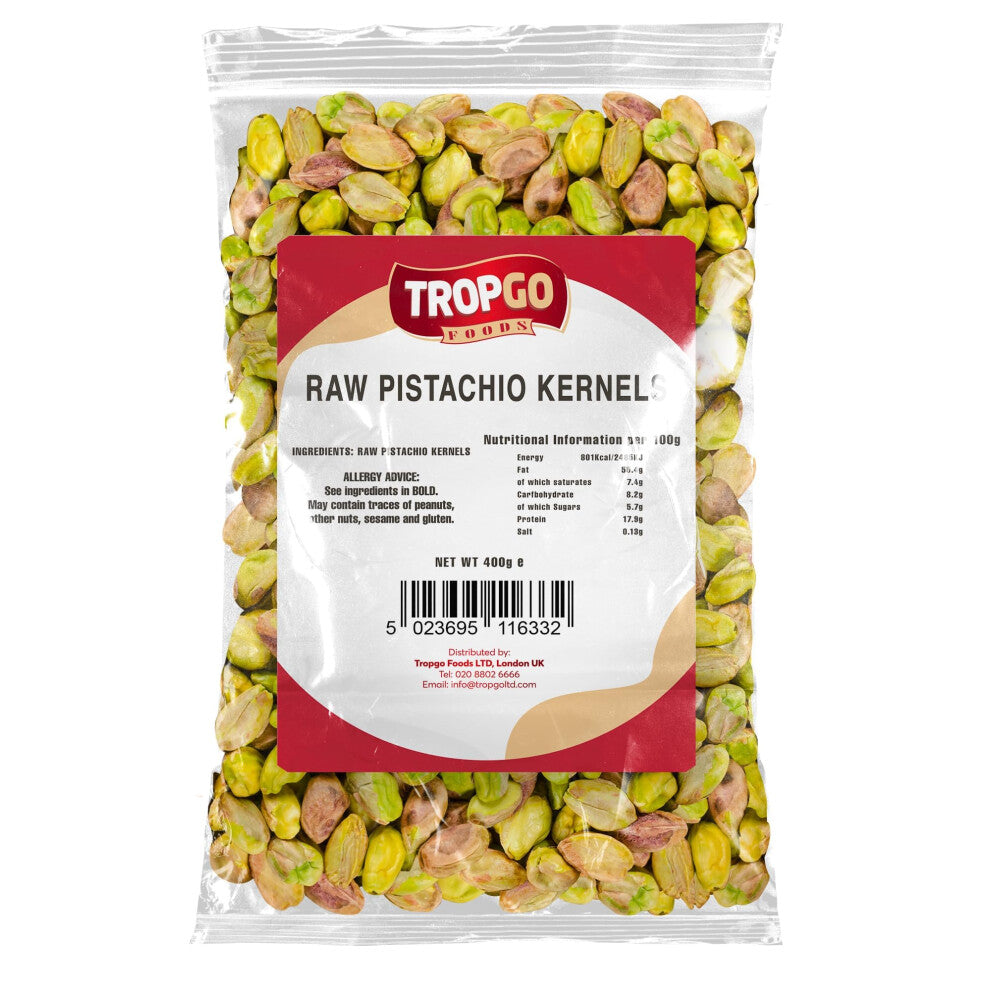 Tropgo Raw Pistachio Kernels - 400g - Sweet & Creamy Pistachios - Packed Fresh, Premium Quality Healthy Nuts - High in Fibre & Minerals, Gluten Free -