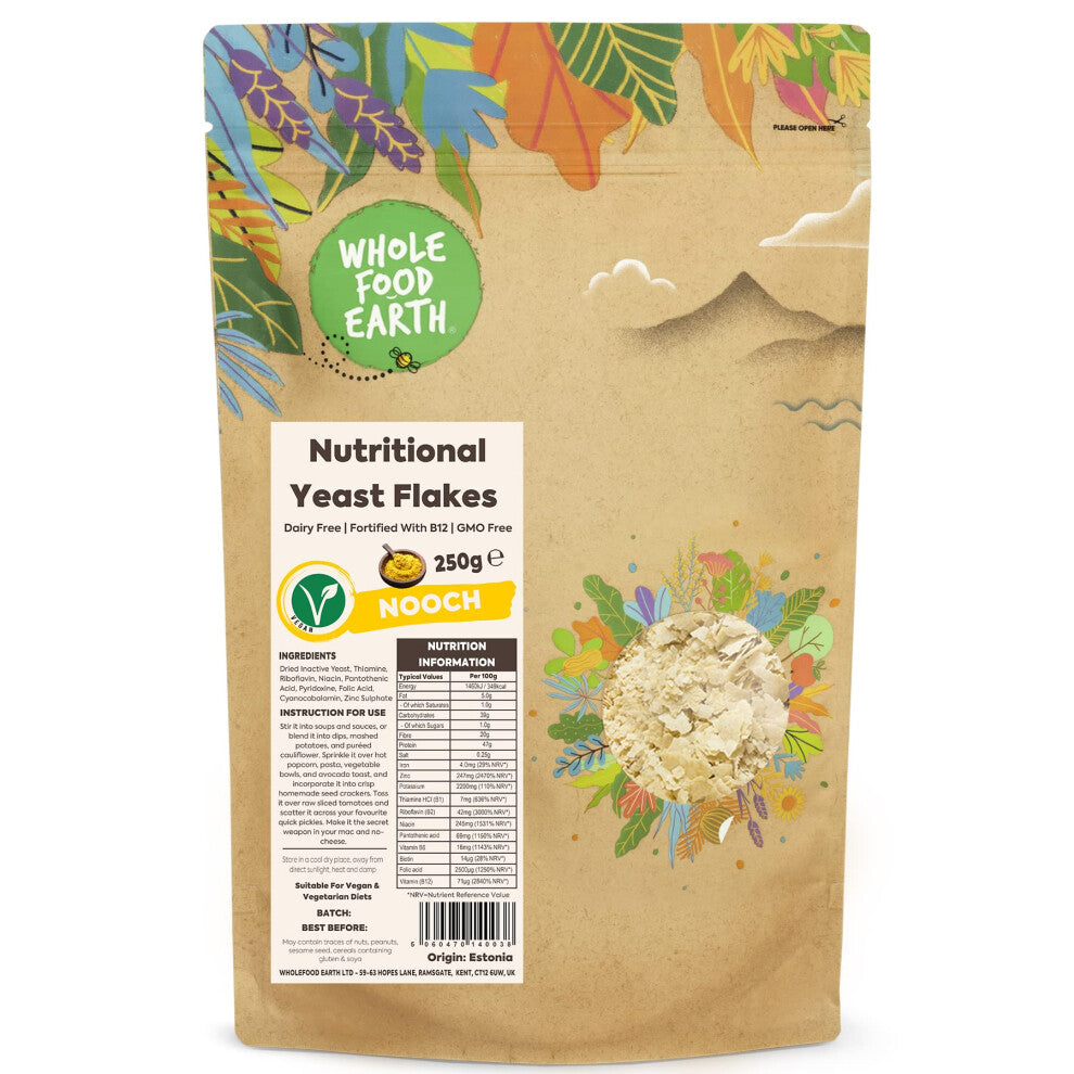 Wholefood Earth - Nutritional Yeast Flakes, 250 g - with B12, Dairy Free, GMO Free, Vegan