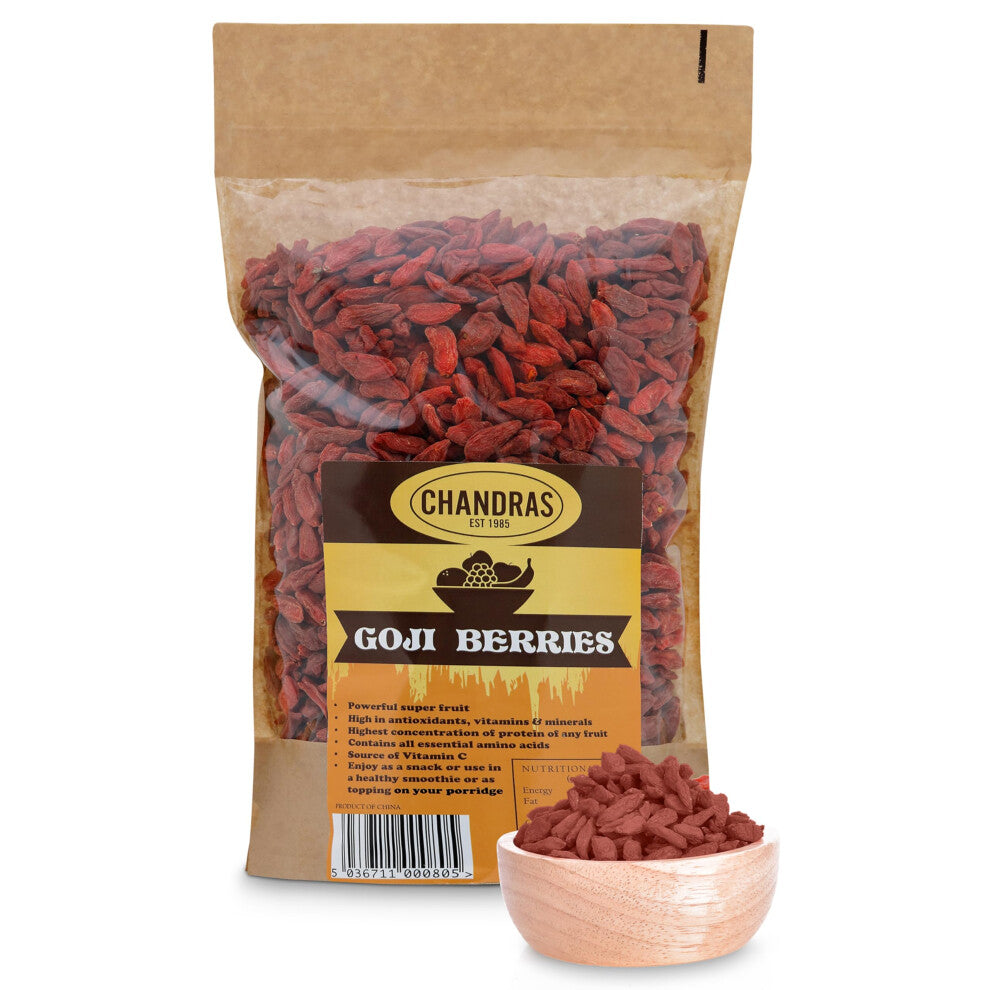 Chandra Whole Foods ? Goji Berries 1KG - Low-GI Nutritious Super Fruit for Snacking, Smoothies, Baking & Cooking - Gluten-Free Vegan-Friendly, Rich in