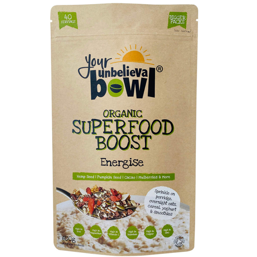 Your UnbelievaBowl - Organic Superfood Boost (Energise) 600g, 40 Servings, 45p Per Serving, Gluten Free, Chia Seed, Hemp Seed, Pumpkin Seed, Cacao,