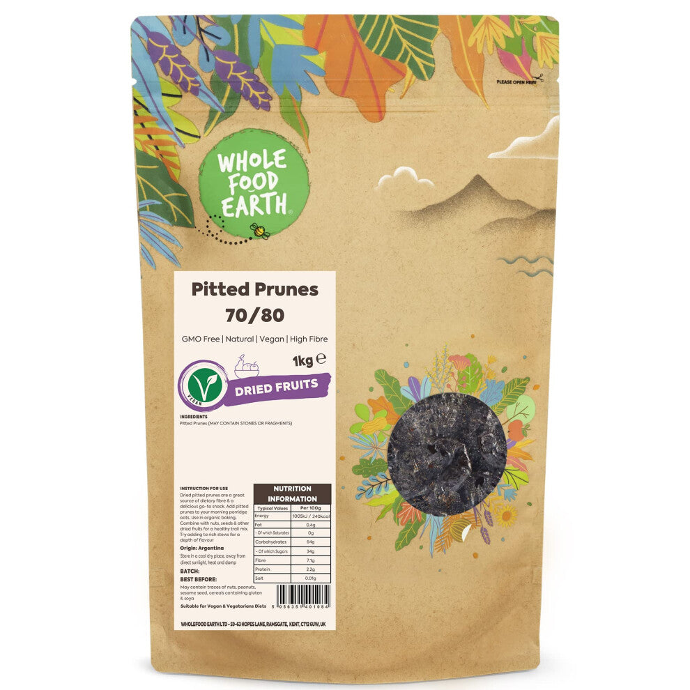Wholefood Earth Pitted Prunes 70-80 1 kg | GMO Free | Natural | High Fibre