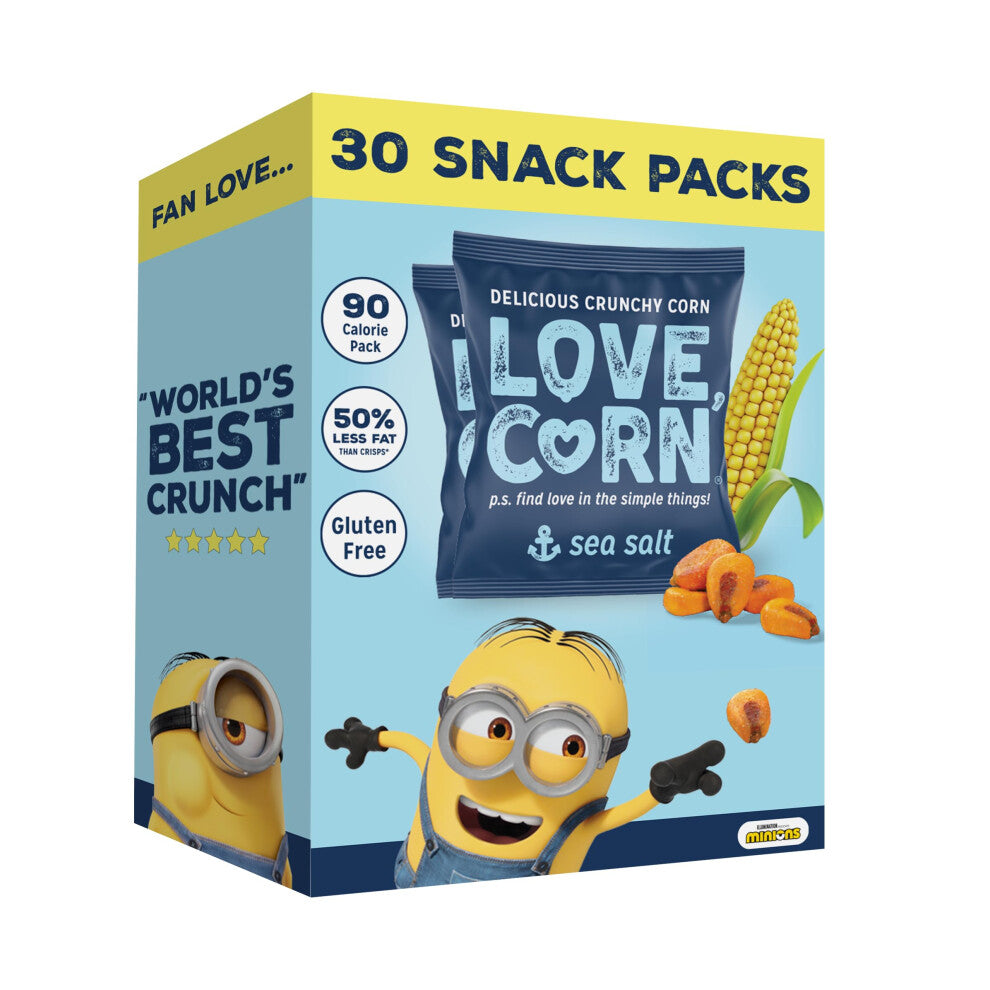 LOVE CORN Limited Edition Minions Crunchy Corn Lunchbox Snack (Sea Salt 20g x 30 Bags) ? Healthy Snacks For Kids, Ideal for Gluten Free & Vegan Diets
