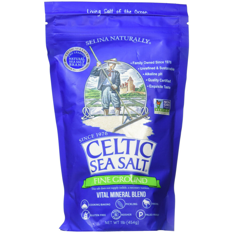 Fine Ground Celtic Sea Salt 16 Ounce Resealable Bag - Great for Cooking, Baking and Pickling - Gluten-Free, Non-GMO Verified, Kosher, Paleo-Friendly