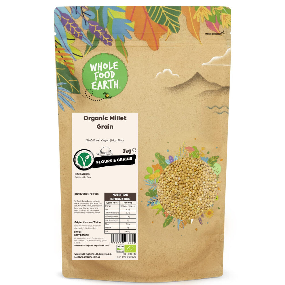 Wholefood Earth Organic Millet Grain ? 3 kg | GMO Free | Vegan | High Fibre | Certified Organic