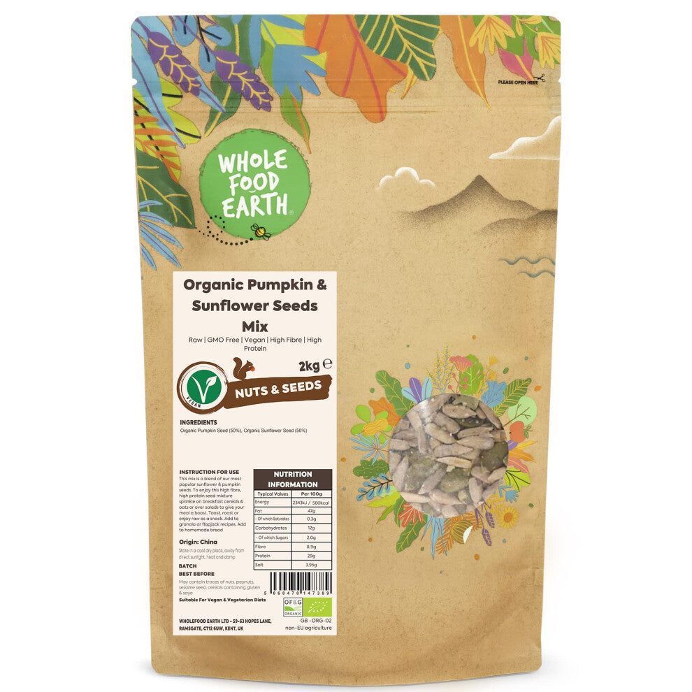 Wholefood Earth Organic Pumpkin & Sunflower Seeds Mix 2kg Raw | GMO Free | Vegan | High Fibre | High Protein | Certified Organic