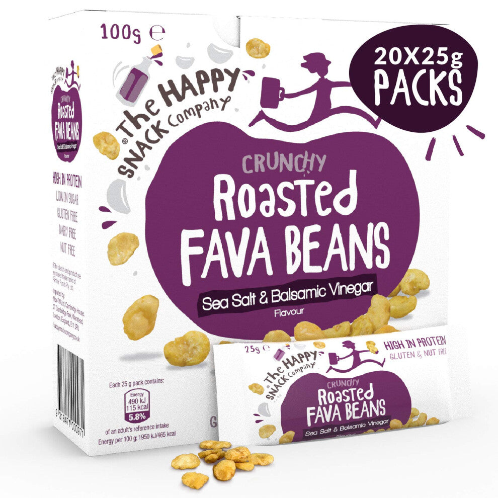 The Happy Snack Company Roasted Fava Beans, Sea Salt & Balsamic Vinegar Flavour Healthy Snacks, Plant Based Protein, Gluten Free Tasty Snacks, Vegan,