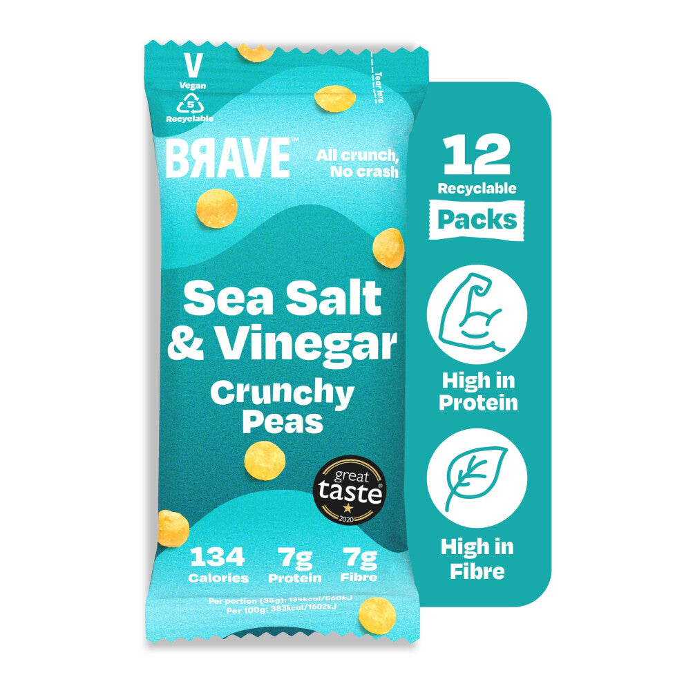 BRAVE Roasted Peas: Salt & Vinegar - Healthy Snack, High Protein, Low Calorie (12 x 35g Packs)