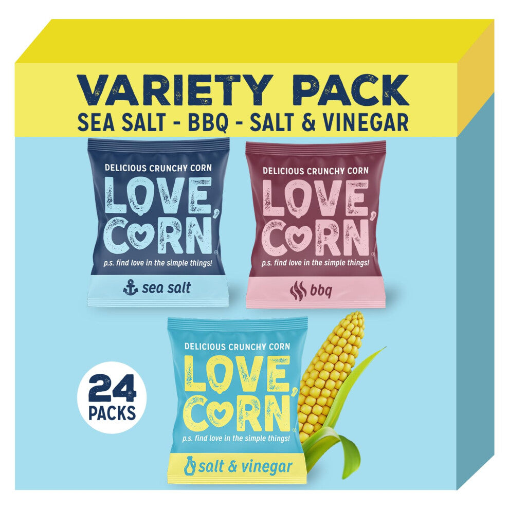 LOVE CORN Variety Pack (8x Sea Salt, 8x BBQ, 8x Salt & Vinegar) ? Healthy Snacks Ideal for Gluten Free & Vegan Diets ? Low Sugar Alternative for